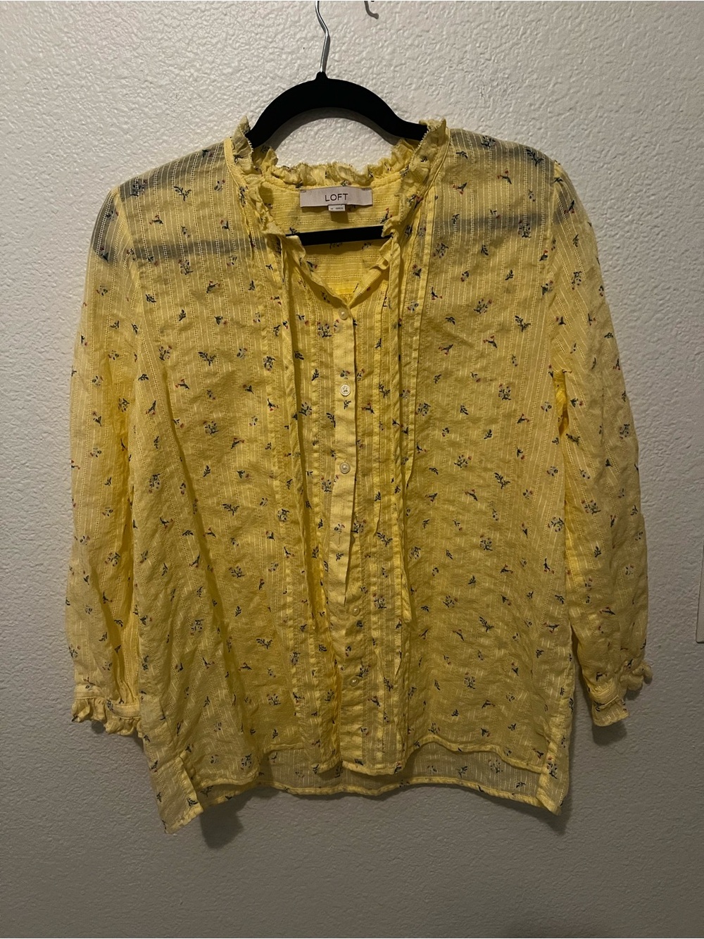 LOFT Yellow Floral Pintuck Ruffle Blouse